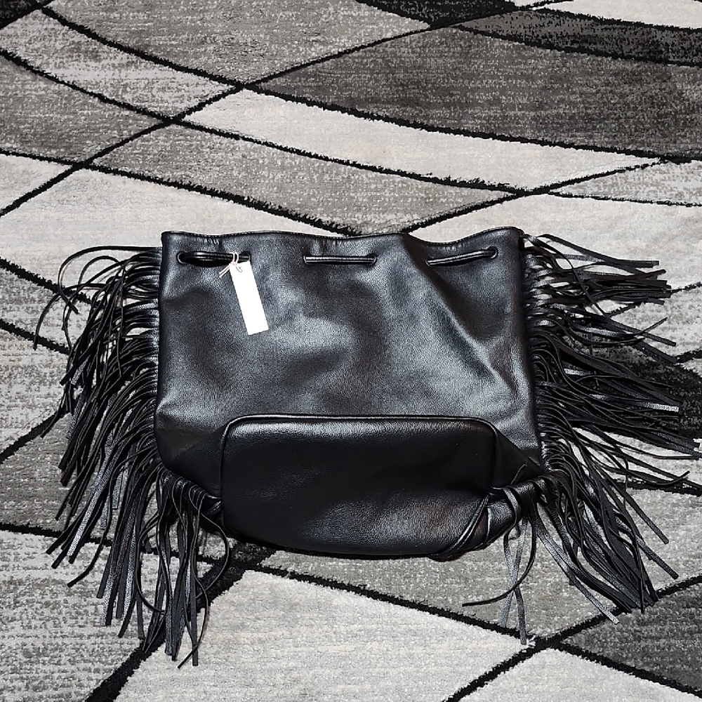 VINTAGE VICTORIA SECRET BLACK FRINGE FAUX-LEATHER DRAWSTRING BACKPACK